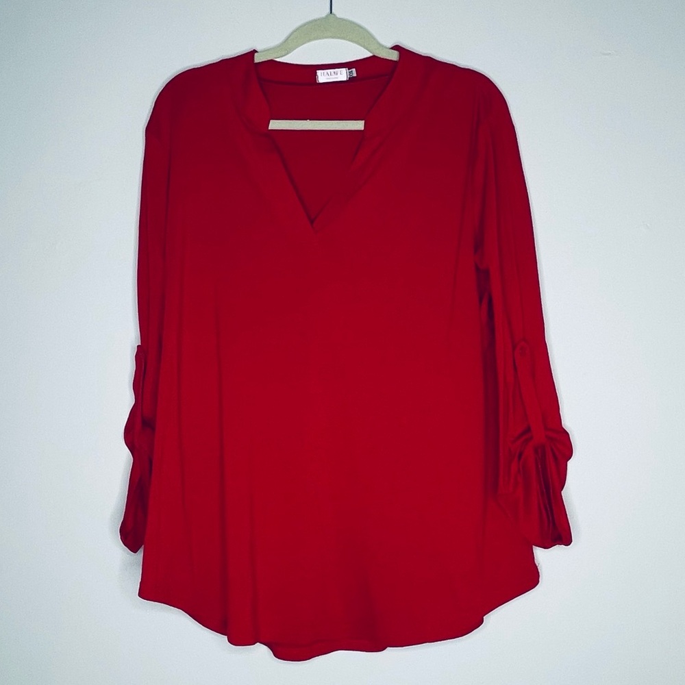 Halife Tomato Red V-Neck Long roll cuff Sleeve Tunic Size XXL